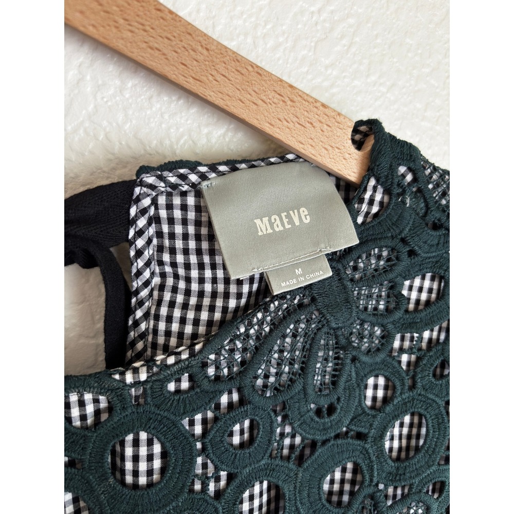 Maeve Anthropologie Green Lace Gingham Pleated Hem Top Velvet Tie Back Medium - Picture 3 of 7